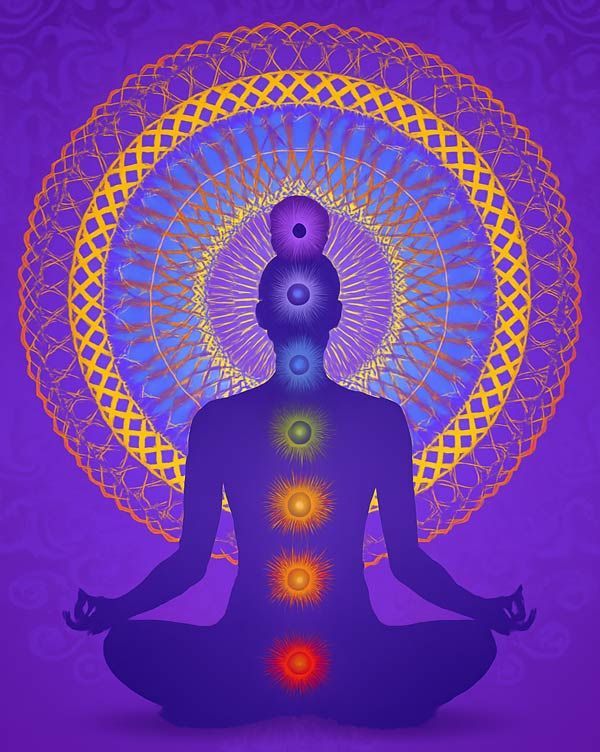 Meditating silhouette with seven glowing chakra points against a purple mandala background