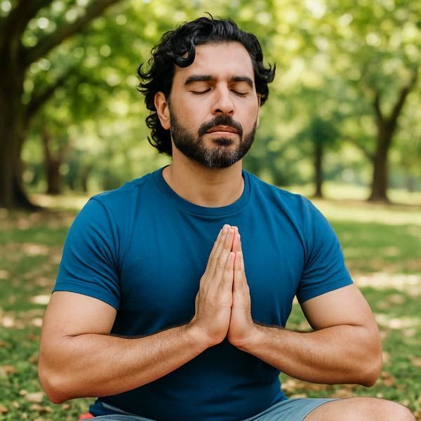 Man meditating outdoors on grass with eyes closed and hands in prayer pose, wearing a blue shirt