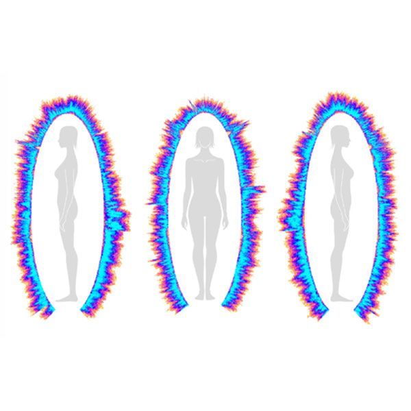 Three human silhouettes inside glowing blue, pink, and orange energy ovals on a white background