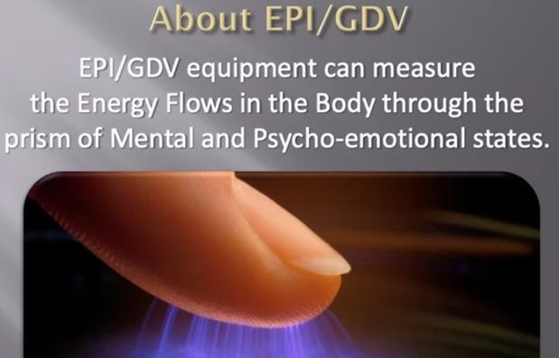 Text slide titled “About EPI/GDV” with a finger over purple light and explanatory body-energy text