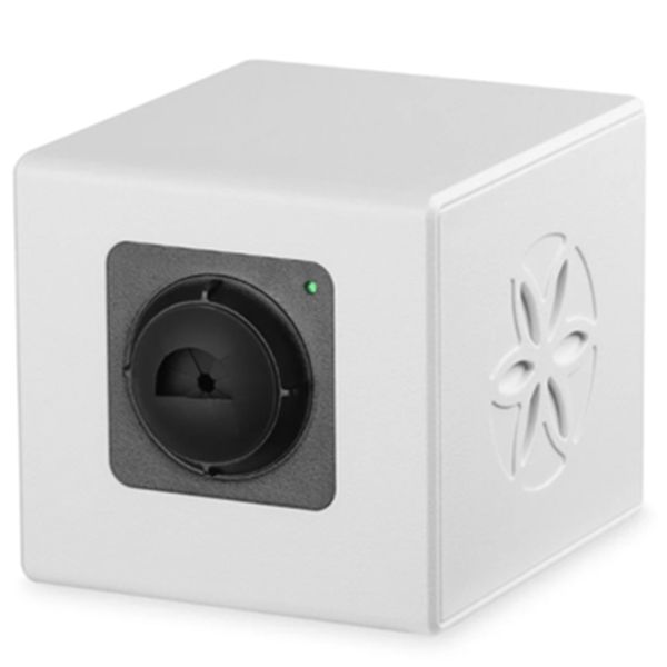White cube-shaped fan unit with a black circular vent on the front and a floral vent on the side.