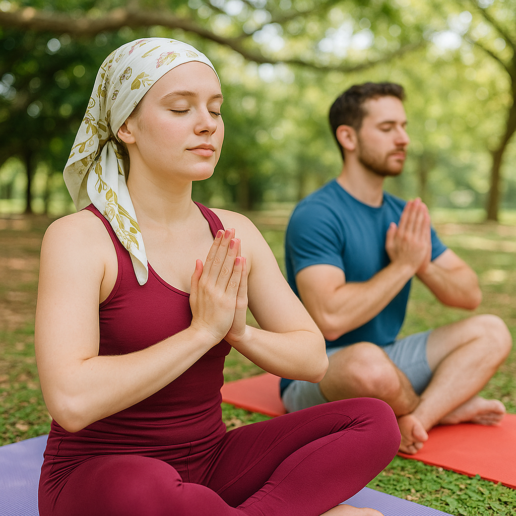 Two people meditate cross-legged on yoga mats in a park, hands pressed together, eyes closed.