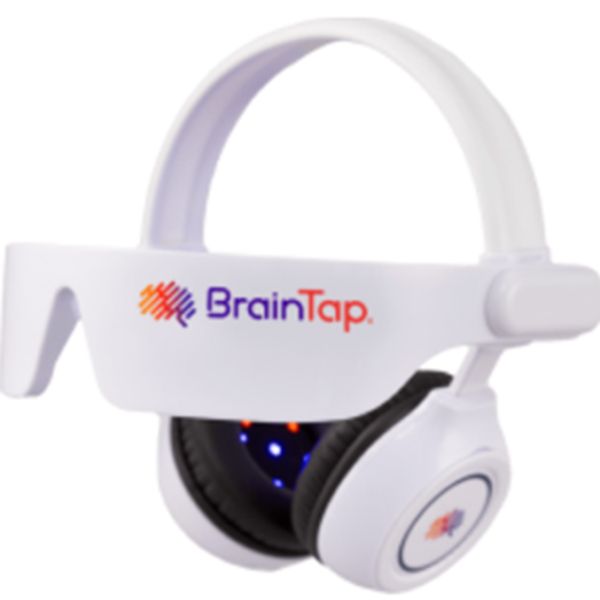 BrainTap-branded white over-ear headphones with a headband and glowing blue light accents