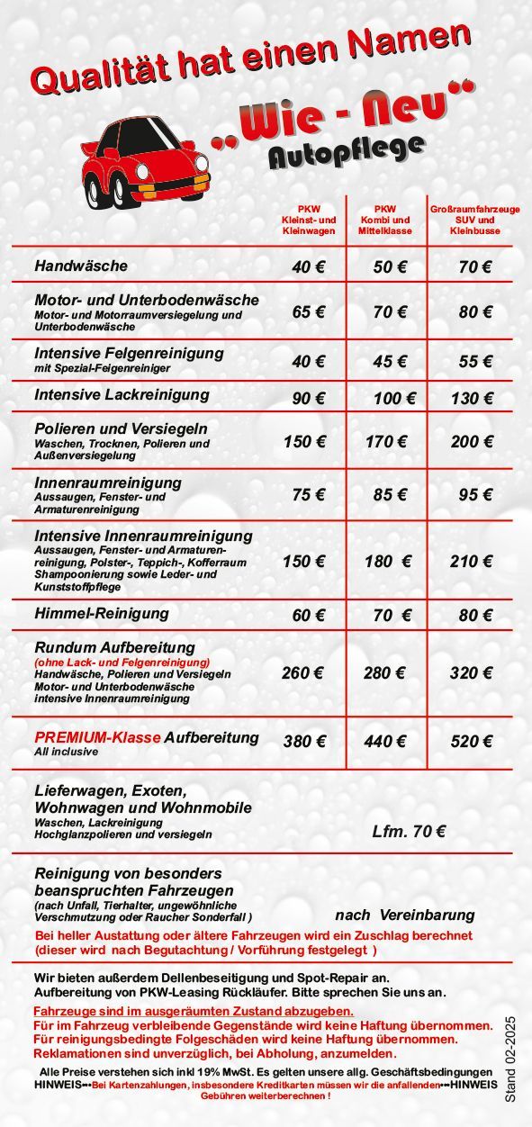 Preise Wie neu Autopflege