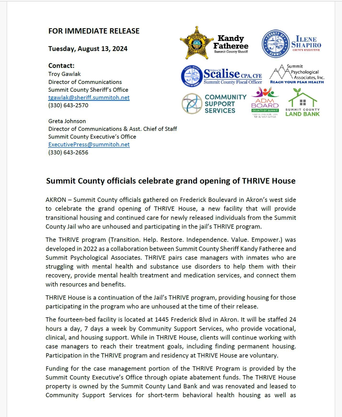 Press Release about Thrive House Press Release about Thrive House
