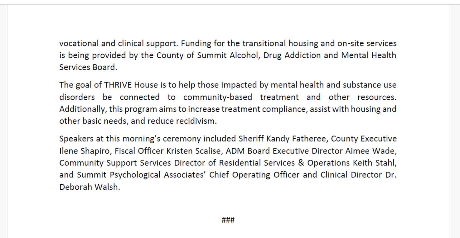 Press Release about Thrive House Press Release about Thrive House