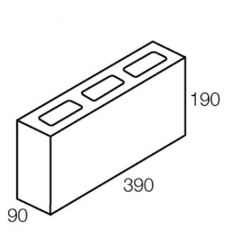 Isometric view of a concrete block with three hollow cores; dimensions are 390x190x90mm.