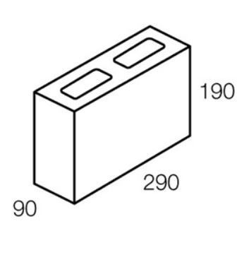 Concrete block with two hollow cores, dimensions: 290 x 190 x 90mm.