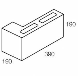 Isometric view of an L-shaped concrete block; dimensions are 390x190x190 mm, with two rectangular voids.