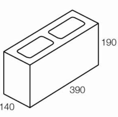 Diagram of a rectangular concrete block with two hollows. Dimensions: 390x190x140mm.