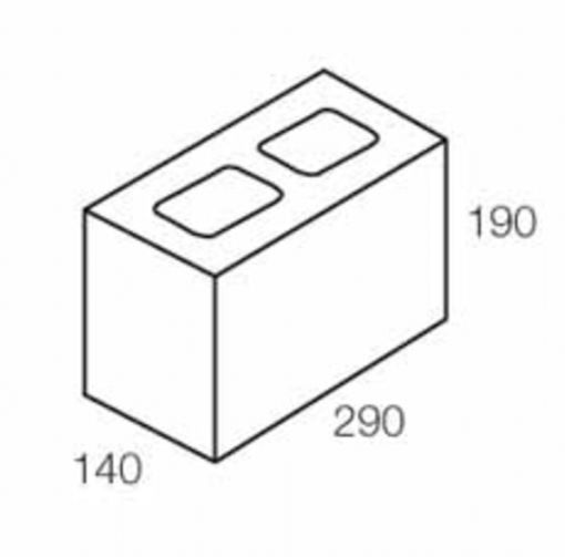 Concrete block, showing dimensions 290mm long, 190mm high, and 140mm wide, with two rectangular voids.