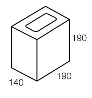 Isometric view of a rectangular concrete block with a recessed top. Dimensions: 140x190x190 mm.