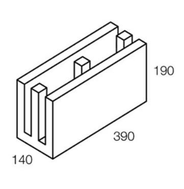 Isometric view of a rectangular concrete block with three parallel voids and dimensions labeled as 190x390x140.