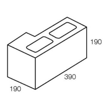 Isometric view of a concrete block with two rectangular holes and a notch cut out; dimensions are labeled.