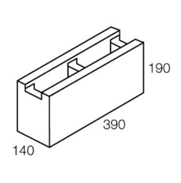 Diagram of a concrete block, showing dimensions: 390x190x140mm, with two vertical grooves on top and internal cavities.