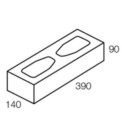 Isometric view of a rectangular concrete block with two indented cavities, labeled with dimensions of 390x140x90 millimeters.