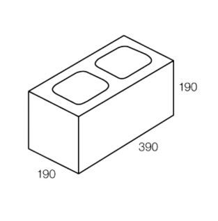 Concrete block with two hollowed-out sections; dimensions 390x190x190 mm.