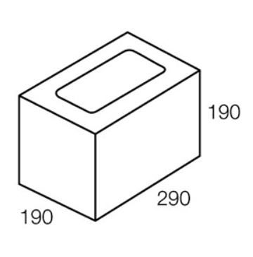 Isometric view of a concrete block with a rectangular cavity on top, labeled with dimensions: 190x290x190mm.