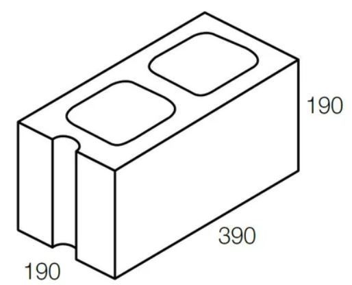 Concrete block with two hollow cores and dimensions of 190 x 390 x 190 mm.