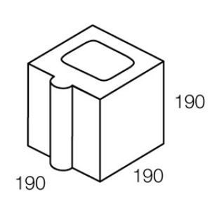 Isometric view of a concrete block, 190x190x190mm, with a hollowed top and a curved indentation on one side.