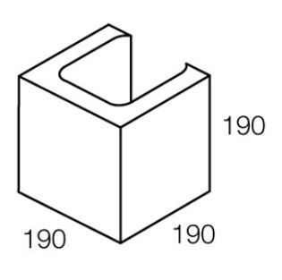 Isometric view of a gray, C-shaped concrete block; dimensions: 190x190x190mm.