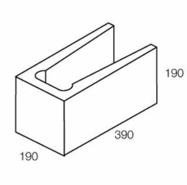 Isometric view of a concrete block with a U-shaped top. Dimensions are 190x390x190.
