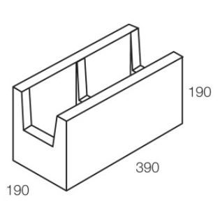 Isometric view of a concrete retaining wall block with dimensions labeled in millimeters.