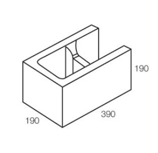 Isometric view of a concrete block, open on one side with dimensions: 190x390x190mm.