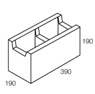 Isometric view of a concrete block with two internal vertical dividers and two top notches; dimensions 390x190x190 mm.