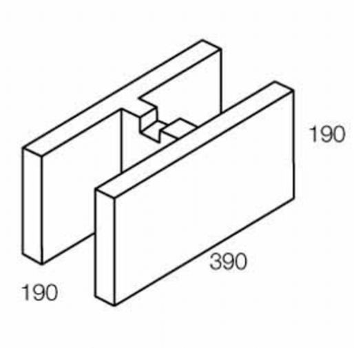 Isometric view of two interlocking concrete blocks, showing dimensions: 390x190x190mm.