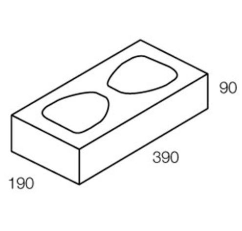 Isometric view of a rectangular block with two oval-shaped indentations, labeled 190x390x90.