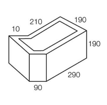Isometric view of a brick with a rectangular cutout. Dimensions: 290x190x190mm, cutout 210x90mm.