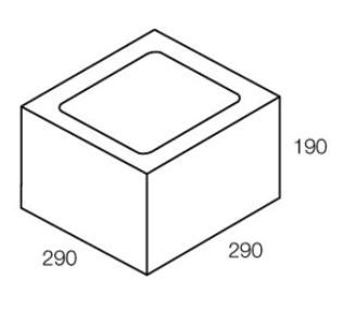 Isometric view of a rectangular brick with a recessed top, dimensions 290x290x190.