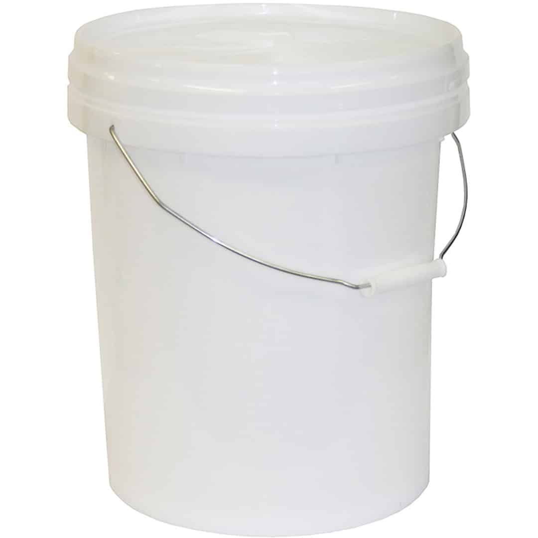 White plastic bucket with lid and metal handle.