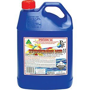 Blue plastic jug of hydrochloric acid, labeled