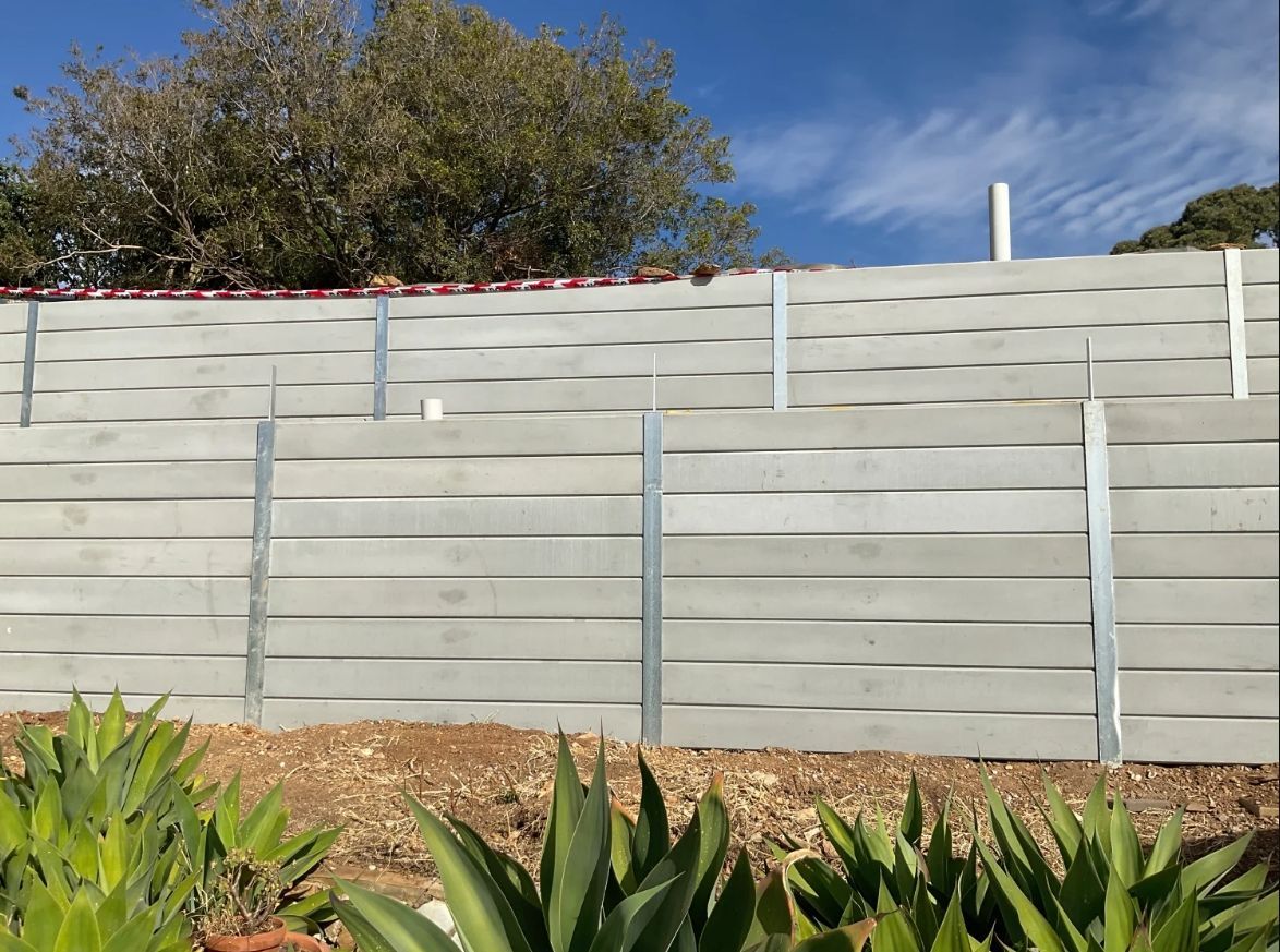 A gray retaining wall with neatly arranged agave plants in front.