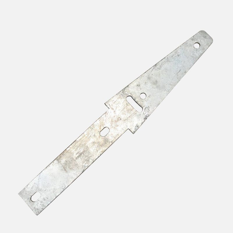 Metal bracket with elongated shape, multiple holes, and a notched area.