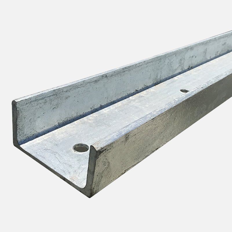 Galvanized steel U-channel beam with rounded corners and two drilled holes, against a white background.