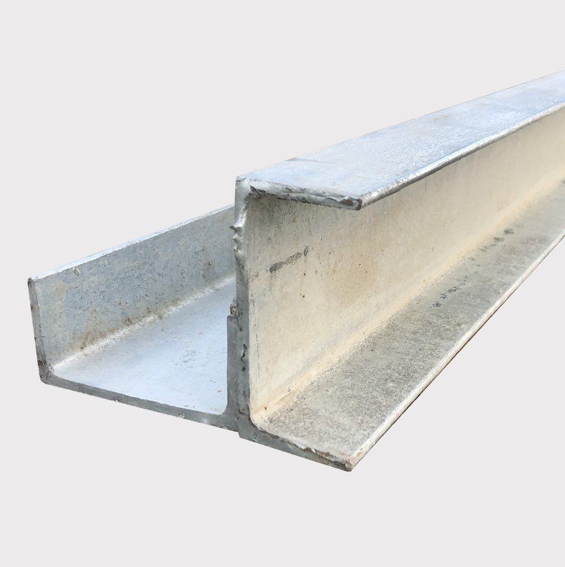 Galvanized steel channel beam on a light gray background.