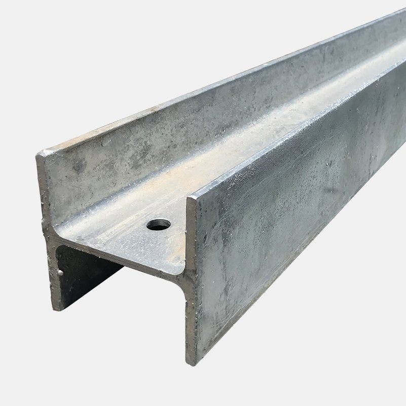 Steel I-beam, galvanized finish, with one visible pre-drilled hole, angled perspective.