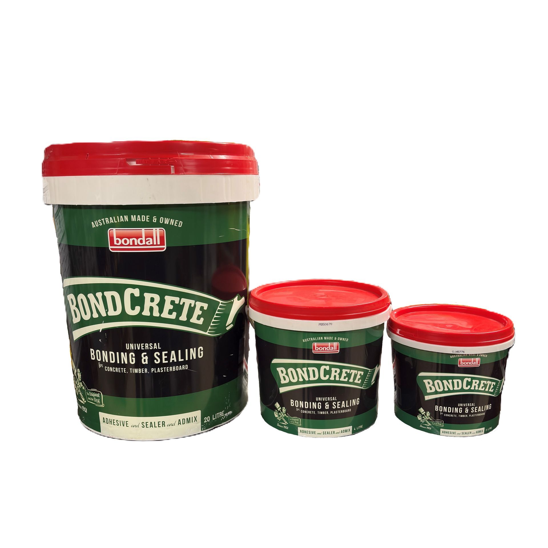 Three green and red Bondcrete buckets of varying sizes.
