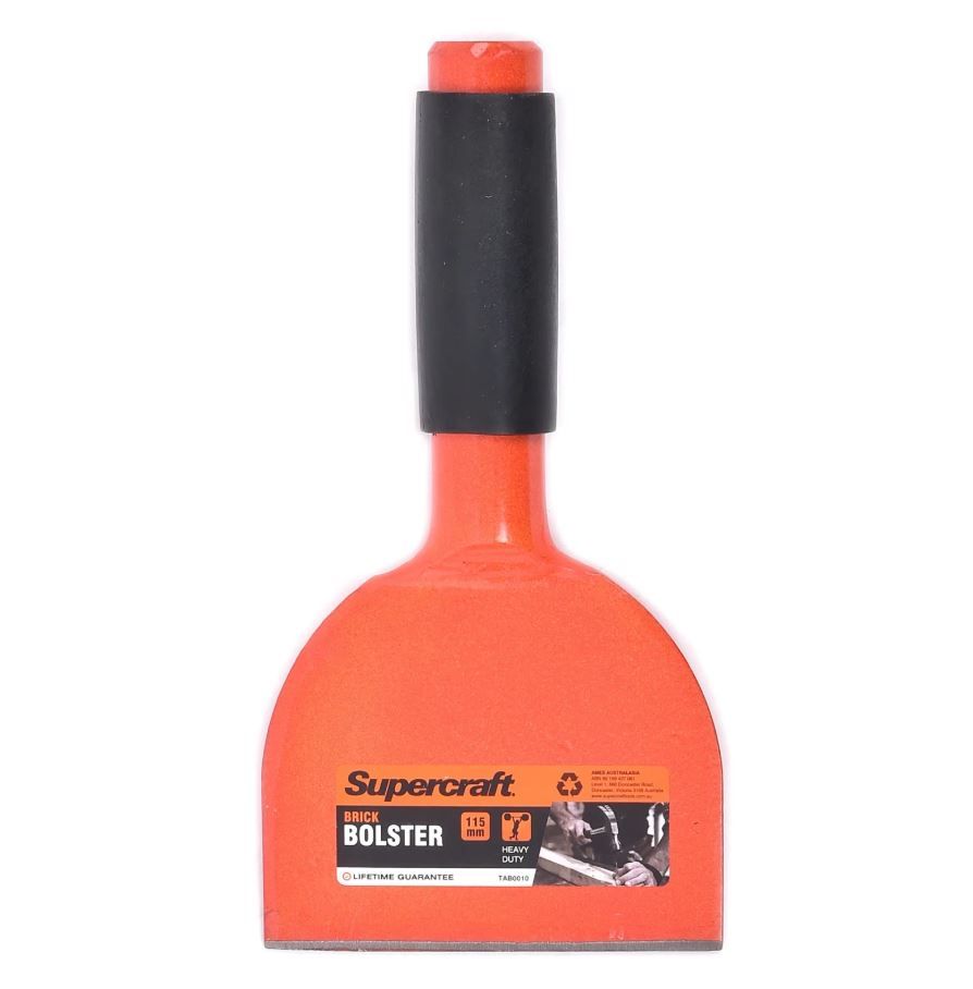 Orange bolster chisel with black handle.