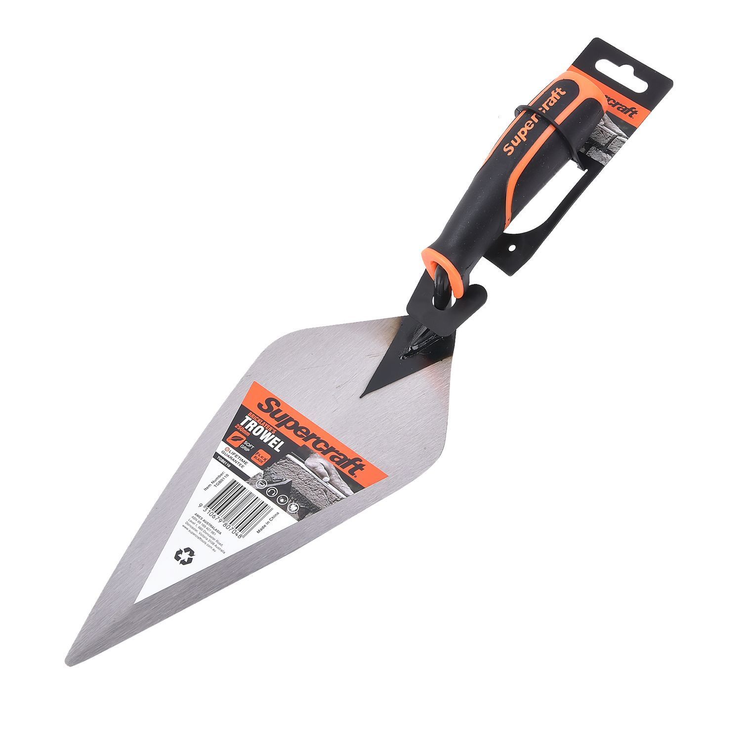 A brick trowel with a label that says supercraft