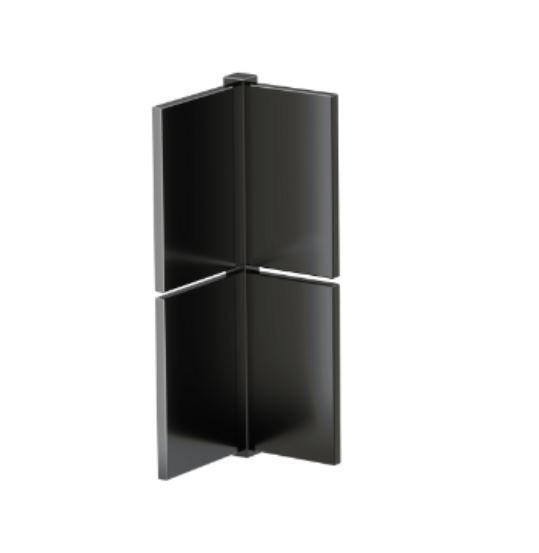 Black corner shelf, with two angled shelves meeting in the middle, top shelf attached at top.
