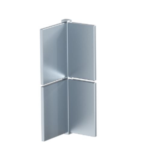 Silver-colored, four-panel metal hinge, corner-mounted, used for joining two surfaces at a 90-degree angle.