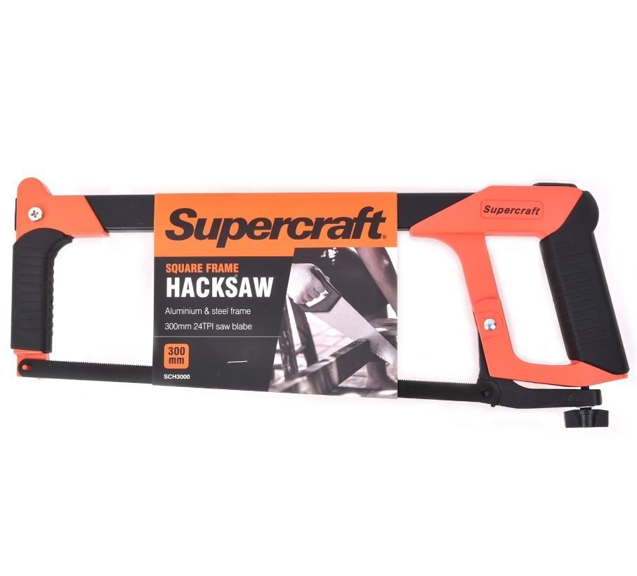 Orange and black Supercraft hacksaw on white background.