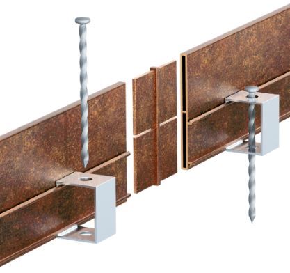 Copper metal flashing components with fasteners.