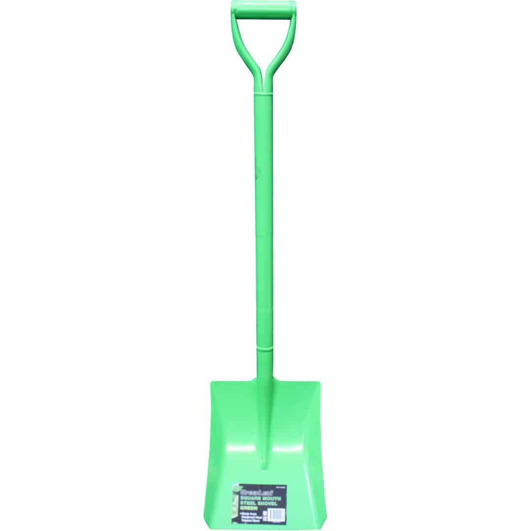 A green shovel with a green handle on a white background.