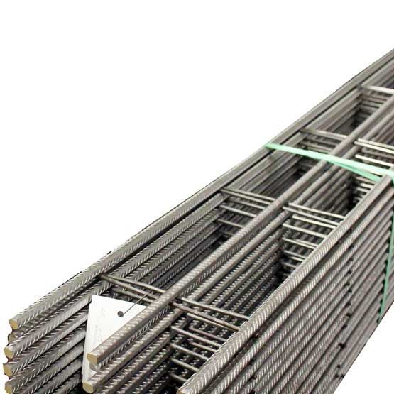 Bundle of steel rebar mesh tied together, stacked at an angle.