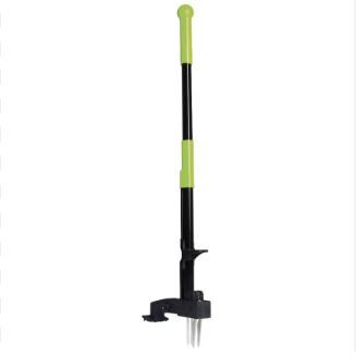 A green and black tool with a long handle on a white background.